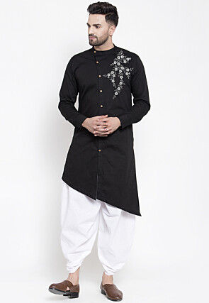 Embroidered Cotton Dhoti Kurta in Black