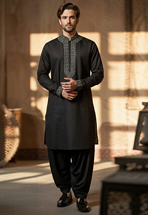 Embroidered Cotton Dhoti Kurta in Black