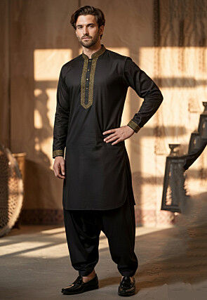 Embroidered Cotton Kurta Set in Black
