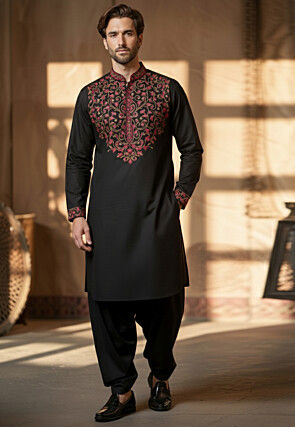 Embroidered Cotton Kurta Set in Black