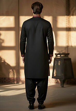 Embroidered Cotton Kurta Set in Black