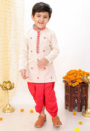 Embroidered Cotton Dhoti Kurta in Off White