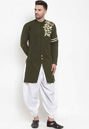 Embroidered Cotton Dhoti Kurta in Olive Green