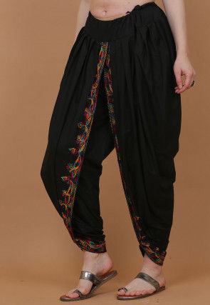 Embroidered Cotton Dhoti Pant in Black