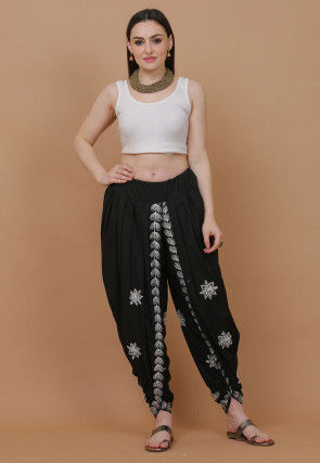 Embroidered Cotton Dhoti Pant in Black