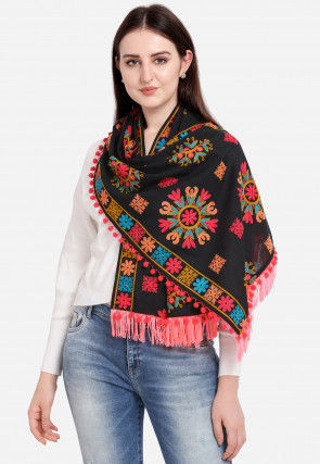 Aari Embroidered Cotton Stole in Black