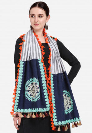 Aari Embroidered Cotton Stole in Grey and White