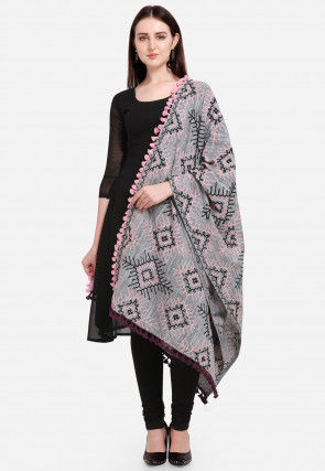 Aari Embroidered Cotton Stole in Grey