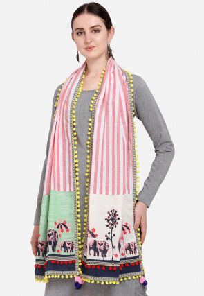 Aari Embroidered Cotton Stole in Off White and Peach