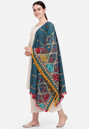 Aari Embroidered Cotton Stole in Teal Blue
