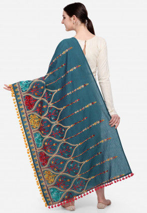 Aari Embroidered Cotton Stole in Teal Blue