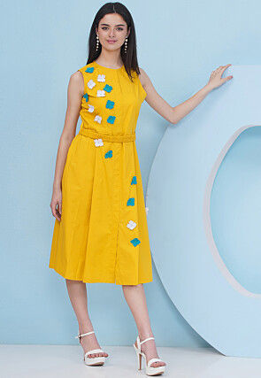 Embroidered Cotton Fit N Flare Dress in Mustard