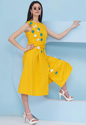 Embroidered Cotton Fit N Flare Dress in Mustard