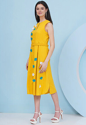 Embroidered Cotton Fit N Flare Dress in Mustard