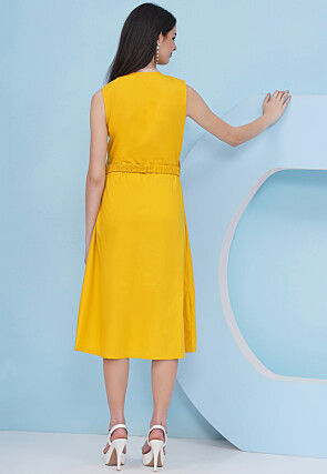 Embroidered Cotton Fit N Flare Dress in Mustard