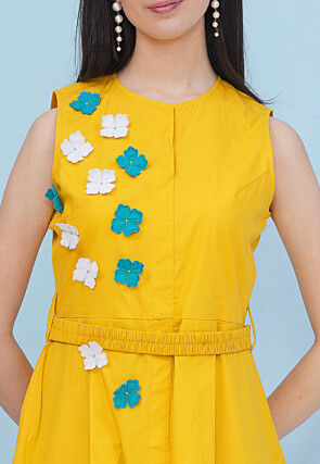 Embroidered Cotton Fit N Flare Dress in Mustard