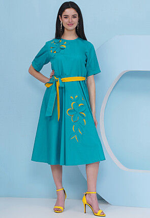 Embroidered Cotton Fit N Flare Dress in Teal Blue