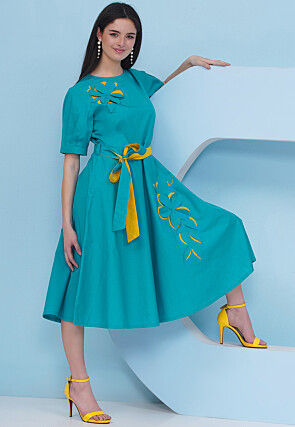 Embroidered Cotton Fit N Flare Dress in Teal Blue