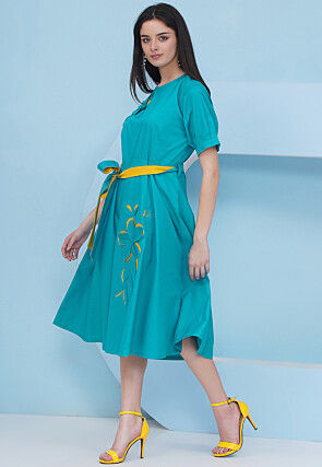 Embroidered Cotton Fit N Flare Dress in Teal Blue