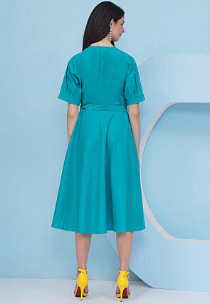Embroidered Cotton Fit N Flare Dress in Teal Blue