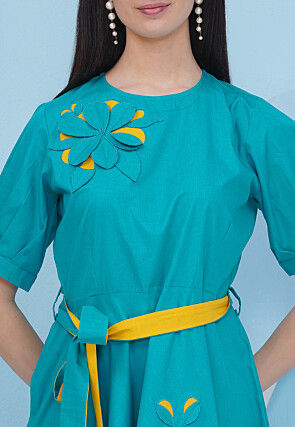 Embroidered Cotton Fit N Flare Dress in Teal Blue