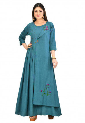 Embroidered Cotton Flex Gown in Teal Blue