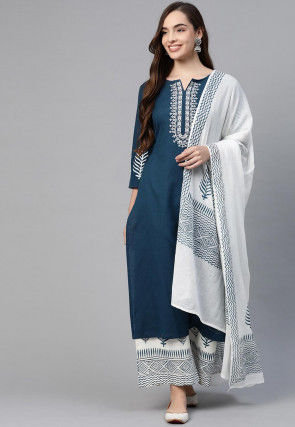 Embroidered Cotton Flex Pakistani Suit in Teal Blue