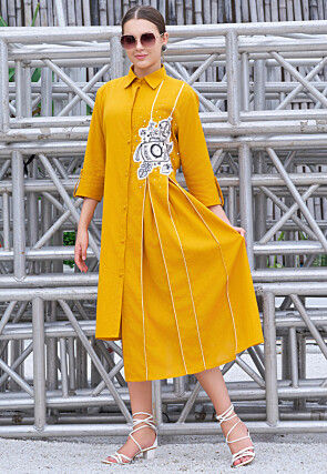 Embroidered Cotton High Low Dress in Dark Mustard