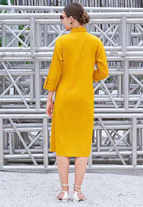 Embroidered Cotton High Low Dress in Dark Mustard