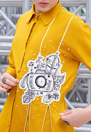 Embroidered Cotton High Low Dress in Dark Mustard