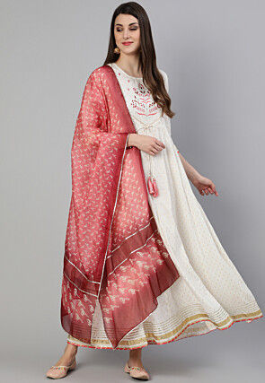 Embroidered Cotton Jacquard Abaya Style Suit in Off White