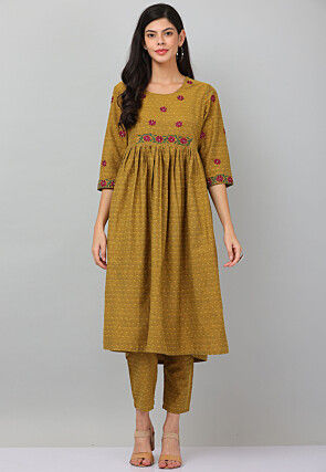 Embroidered Cotton Jacquard Aline Kurta Set in Dark Mustard
