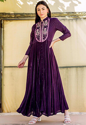 Embroidered Cotton Jacquard Front Slit Kurta in Dark Purple