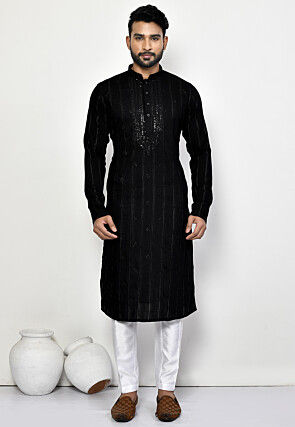 Embroidered Cotton Jacquard Kurta Set in Black