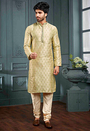 Embroidered Cotton Jacquard Kurta Set in Light Beige