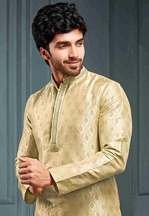Embroidered Cotton Jacquard Kurta Set in Light Beige