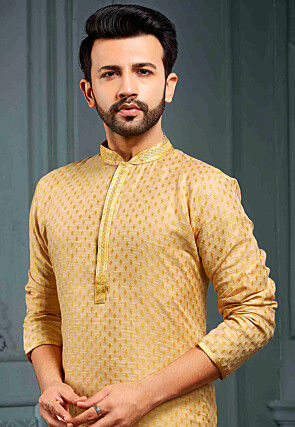 Embroidered Cotton Jacquard Kurta Set in Light Yellow