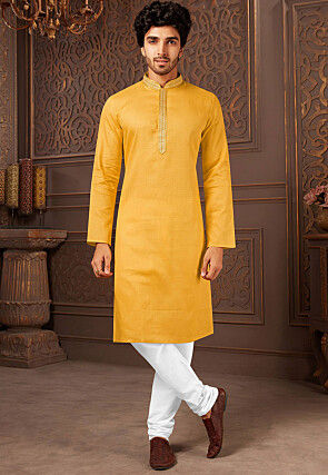 Embroidered Cotton Jacquard Kurta Set in Mustard