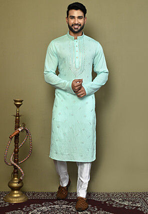 Embroidered Cotton Jacquard Kurta Set in Sea Green