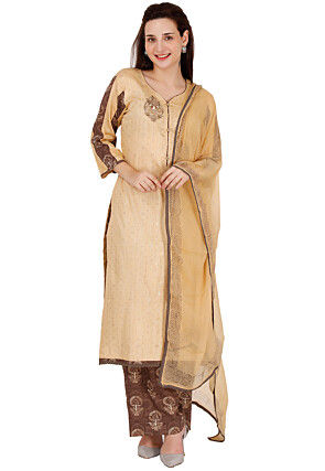 Embroidered Cotton Jacquard Pakistani Suit in Beige