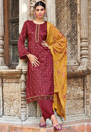 Embroidered Cotton Jacquard Pakistani Suit in Maroon
