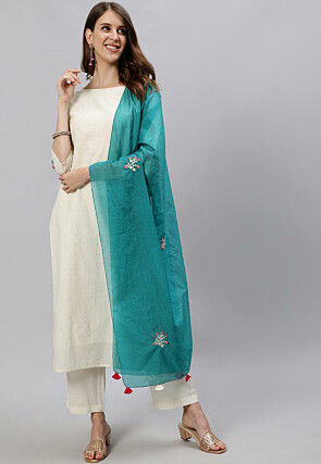 Embroidered Cotton Jacquard Pakistani Suit in Off White