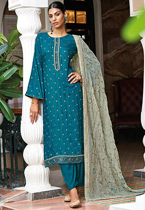 Embroidered Cotton Jacquard Pakistani Suit in Teal Blue