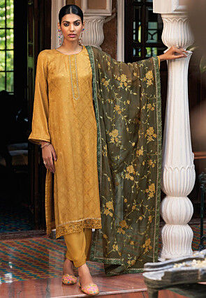 Embroidered Crepe Jacquard Pakistani Suit in Yellow