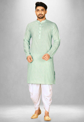 Embroidered Cotton Jacquard Patiala Kurta in Teal Green