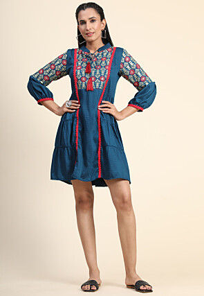 Embroidered Cotton Jacquard Short Dress in Teal Blue