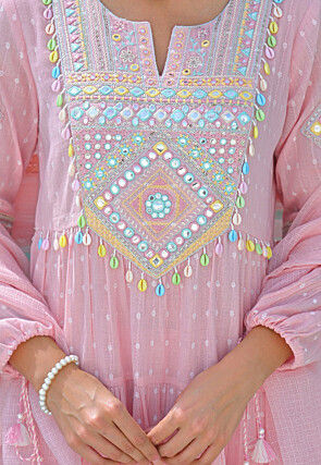 Embroidered Cotton Jacquard Tiered A Line Suit in Baby Pink
