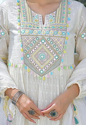 Embroidered Cotton Jacquard Tiered A Line Suit in Off White