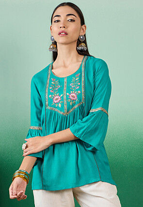 Embroidered Cotton Jacquard Top in Teal Blue