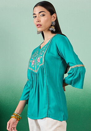 Embroidered Cotton Jacquard Top in Teal Blue